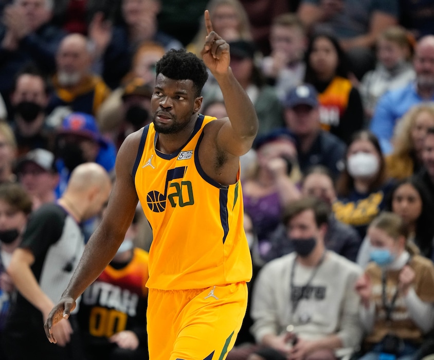 (Francisco Kjolseth | The Salt Lake Tribune) Utah Jazz center Udoka Azubuike (20) celebrates as the Utah Jazz and the New York Knicks play an NBA basketball game at Vivint Arena in Salt Lake City on Monday, Feb. 7, 2022.