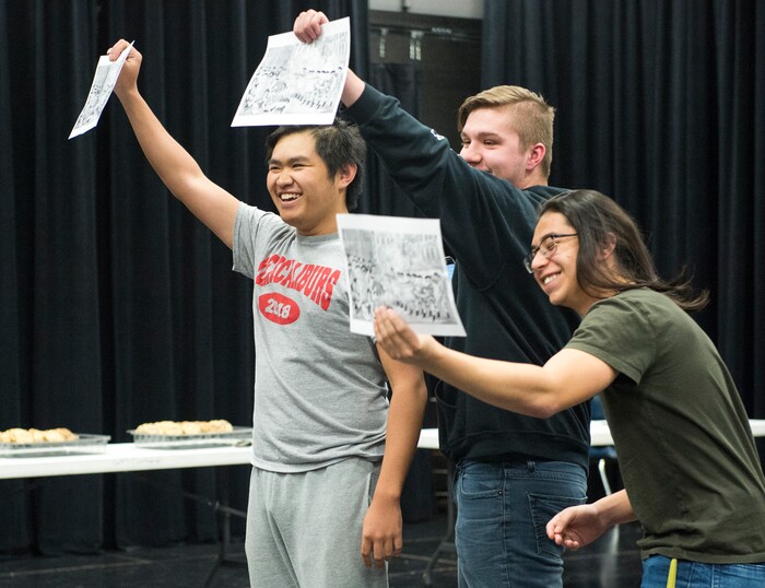 (Rick Egan  |  The Salt Lake Tribune)      Granger High School students Alton Phonepraseuth, Bailey Beacham and Ivan Padilla perform during a competition for EduHam, an education program that accompanies the Salt Lake City run of "Hamilton." Granger theater teachers Kirsten Anderson and Brian Fuller said 81 students at the West Valley City school participated in the program, which asks students to study original founding documents and create an original work of art -- rap, song, poem, essay, etc. -- from a big moment. Twelve of the regional winners will be invited to perform before a matinee performance of "Hamilton" on May 4. Utah's program is the first to be funded in a public-private match. Wednesday, April 11, 2018.