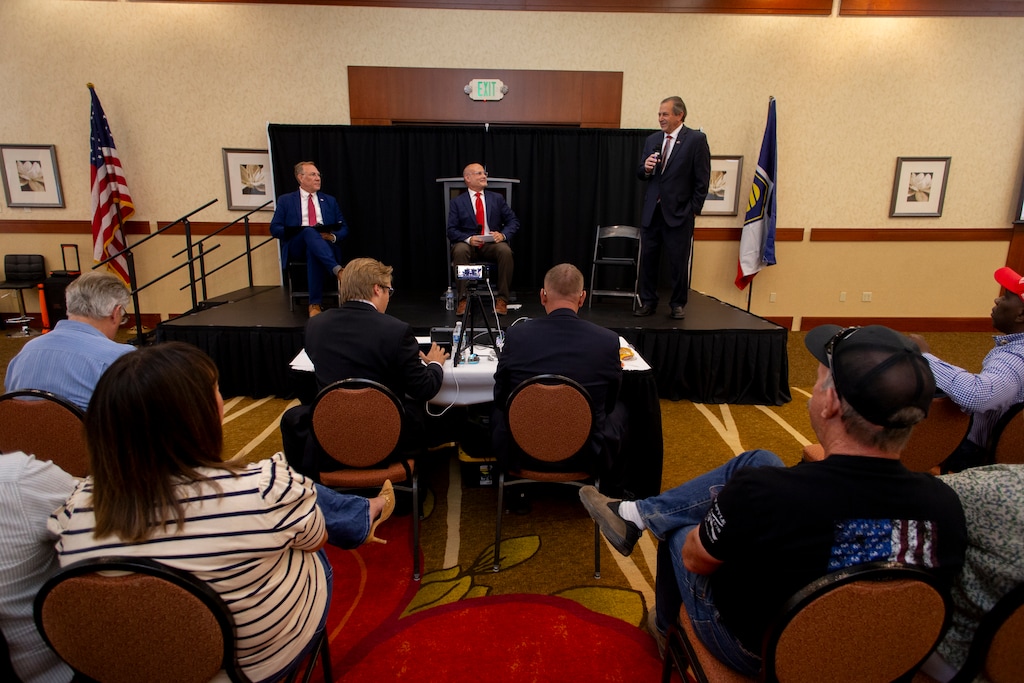 (Chris Caldwell | Special to The Tribune) Washington County Commissioner Gil Almquist, right, speaks during a Washington County Commission Seat A GOP primary debate on Thursday, June 4, 2026, in St. George. At left is candidate Bill Hoster.