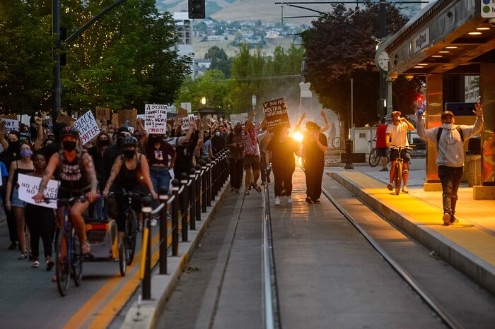 (Trent Nelson  |  The Salt Lake Tribune) Protesters march through Salt Lake City on Monday, June 1, 2020.