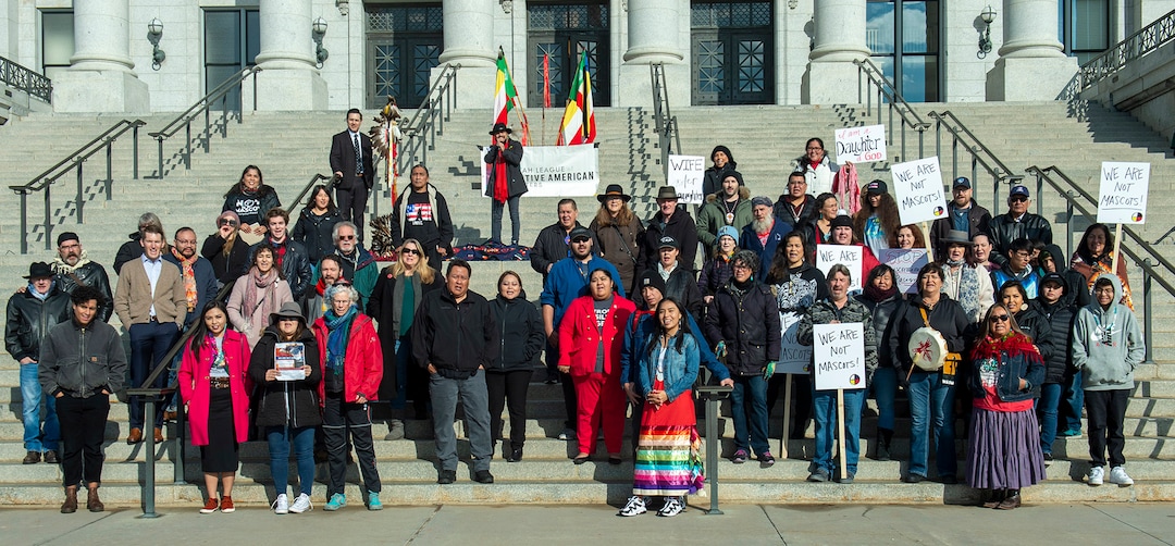 (Rick Egan  |  The Salt Lake Tribune)    Native Americans and their supporters gather on the steps of the Utah State Capitol for a rally to oppose a resolution that would discourage the removal of Native American names or symbols from school mascots, Saturday, Jan. 25, 2020.
