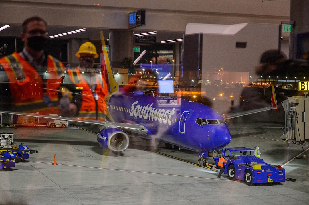 (Trent Nelson  |  The Salt Lake Tribune) The Salt Lake City International Airport celebrates the opening of concourse B, with a Southwest flight to Oakland taking off on Tuesday, Oct. 27, 2020.