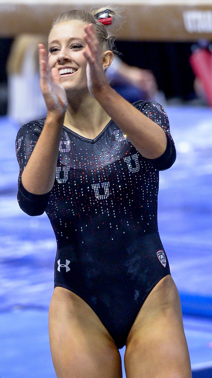 (Leah Hogsten  |  The Salt Lake Tribune)   MaKenna Merrell-Giles scored a 9.95 on her floor routine.  The fourth-ranked Utes compete against No. 9 California, No. 16 Auburn, No. 21 Brigham Young, Stanford and Southern Utah, during the the NCAA Regional Championships, Saturday, April 7, 2018 at the Huntsman Center. The top two teams advance to the NCAA Championships April 20-21 in St. Louis.Saturday, April 7, 2018, 