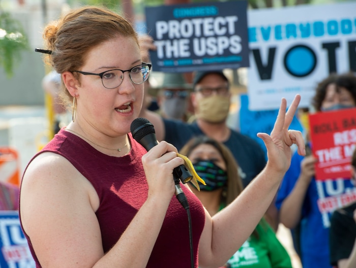 (Rick Egan  |  The Salt Lake Tribune)    Heather Matheson, from Alliance for a Better Utah, speaks to protesters during a rally to "Save the Post Office," hosted by Alliance for a Better Utah, NAACP Salt Lake Branch, League of Women Voters at the Post Office on 200 South in Salt Lake City, Saturday, Aug. 22, 2020.