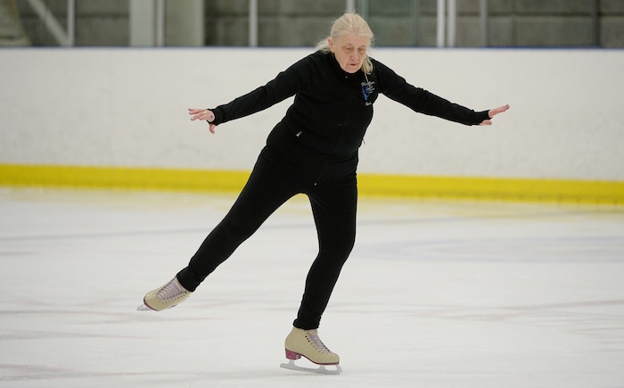 (Francisco Kjolseth  |  The Salt Lake Tribune)  Barb Foley, 71, of Orland Park, Illinois warms up on the ice as part of the 2019 U.S. Adult Figure Skating Championships, now in its 25th year, being held at the SLC Sports Complex. Over 600 skaters between 21 and 80 will compete April 3-6.