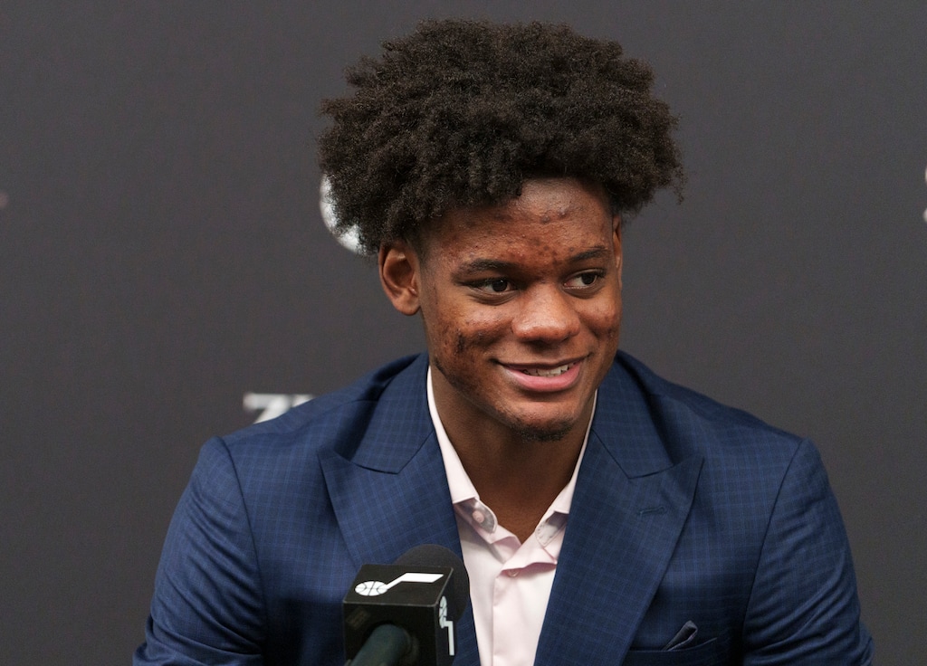(Leah Hogsten | The Salt Lake Tribune) Taylor Hendricks, the No. 9 Utah Jazz NBA draft pick, addresses members of the media at the Utah Jazz Basketball Center, June 26, 2023. 