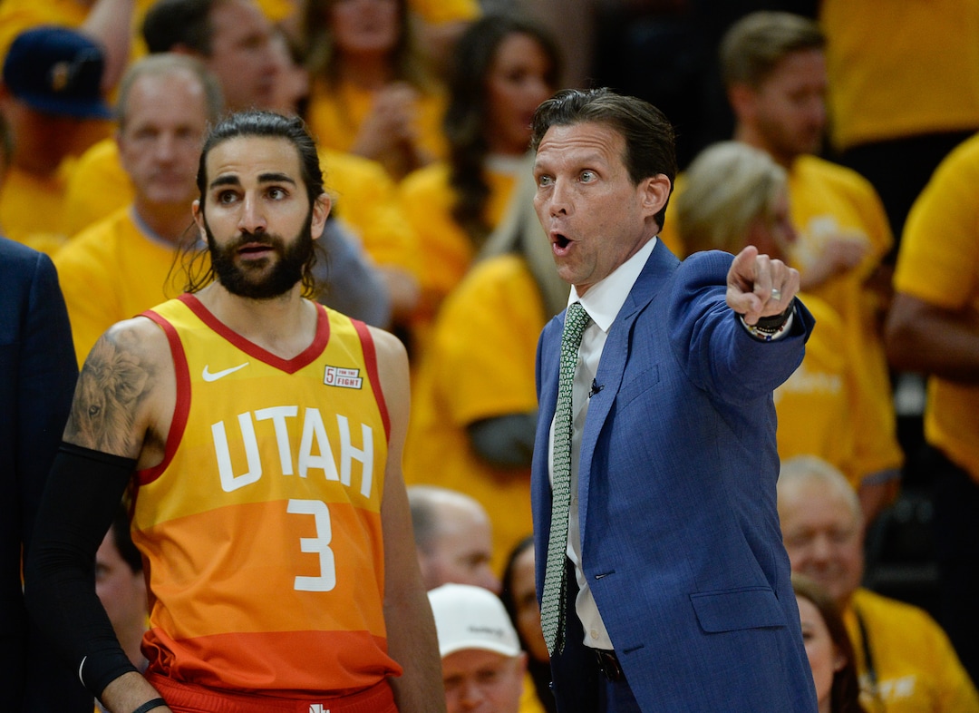 (Francisco Kjolseth  |  The Salt Lake Tribune)  Utah Jazz Coach Quin Snyder yells to his team alongside Utah Jazz guard Ricky Rubio (3) in Game 3 of a first-round NBA basketball playoff series against the Rockets in Salt Lake City, Saturday, April 20, 2019.