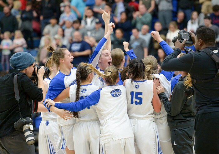 (Leah Hogsten  |  The Salt Lake Tribune) Fremont celebrates the win.  Fremont defeated Westlake 54-50 in their semifinal game of the 6A High School Girls' Basketball Tournament at SLCC in Taylorsville, Friday, Feb. 23, 2018. 