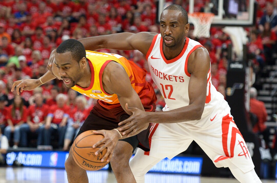 (Leah Hogsten  |  The Salt Lake Tribune) Houston Rockets forward Luc Mbah a Moute (12) encircles Utah Jazz guard Alec Burks (10) as the Utah Jazz take on the Houston Rockets in Game 3 of an NBA basketball second-round playoff series Friday, May 4, 2018 in Salt Lake City.