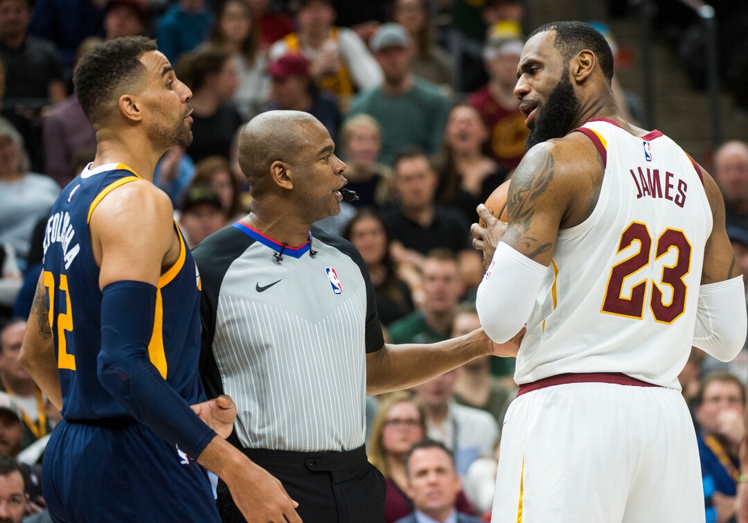 (Rick Egan  |  The Salt Lake Tribune)   Utah Jazz forward Thabo Sefolosha (22) gets called for a technical foul along with Cleveland Cavaliers forward LeBron James (23), after a little argument on the court , in NBA action Utah Jazz vs Cleveland Cavaliers, in Salt Lake City,  Saturday, December 30, 2017.