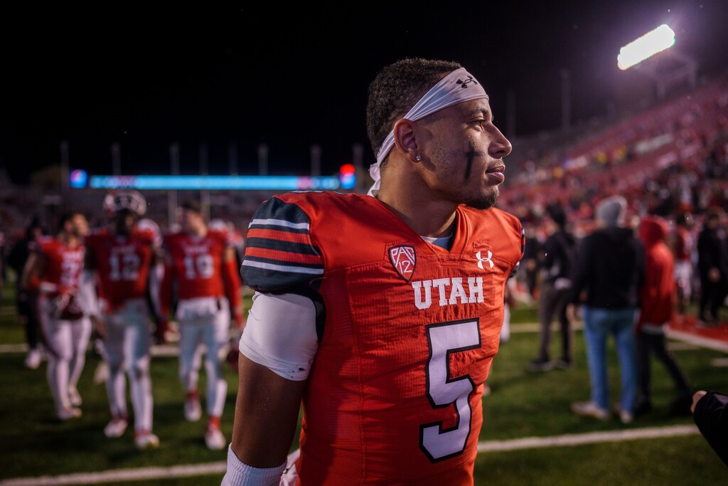 (Trent Nelson  |  The Salt Lake Tribune) Utah Utes wide receiver Tao Johnson (5) as the University of Utah hosts Arizona, NCAA football in Salt Lake City on Saturday, Nov. 5, 2022.
