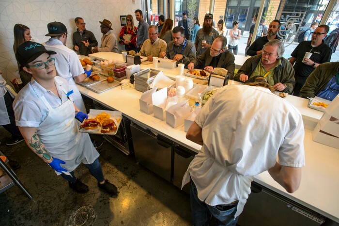 (Steve Griffin  |  The Salt Lake Tribune)  Patrons wait in line at Pretty Bird, a new Nashville-style hot chicken restaurant on Regent Street, in Salt Lake City Monday April 23, 2018.