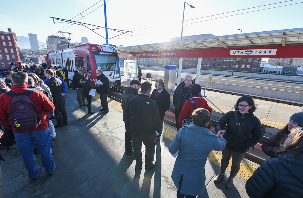 (Francisco Kjolseth | The Salt Lake Tribune) The Salt Lake City Council, Salt Lake County, and the Utah Transit Authority gather on the North Temple Bridge/Guadalupe TRAX station in Salt Lake to announce Free Fare Friday to encourage greater use of transit during periods of poor air quality. On Friday, Dec. 22, no cash fares will be required on trains or buses in an effort to get infrequent or first-time riders to try out transit and use it more frequently.