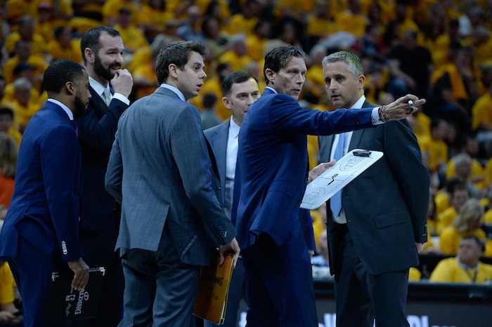 (Francisco Kjolseth | The Salt Lake Tribune) Utah Jazz coach Quin Snyder is surrounded by his staff as they plan out their attack against the Houston Rockets in Game 4 of the NBA playoffs at the Vivint Smart Home Arena Sunday, May 6, 2018 in Salt Lake City.