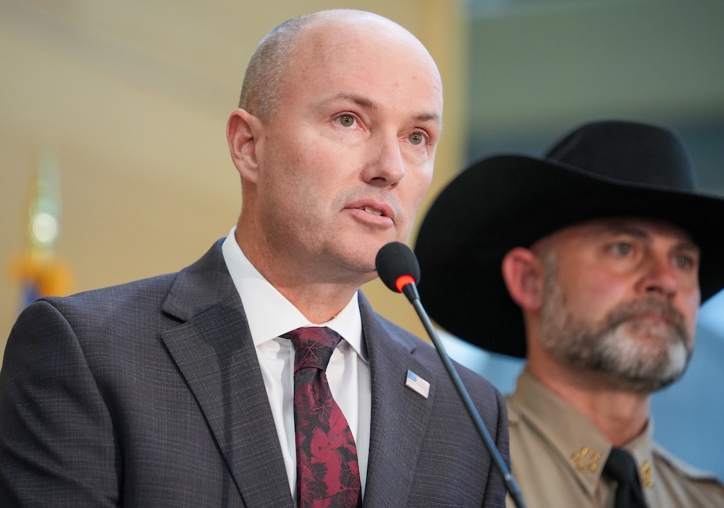 (Chris Samuels | The Salt Lake Tribune) Gov. Spencer Cox makes remarks during a news conference announcing an arrest of a suspect in the Wednesday shooting death of Charlie Kirk at Utah Valley University in Orem, Friday, Sept. 12, 2025.