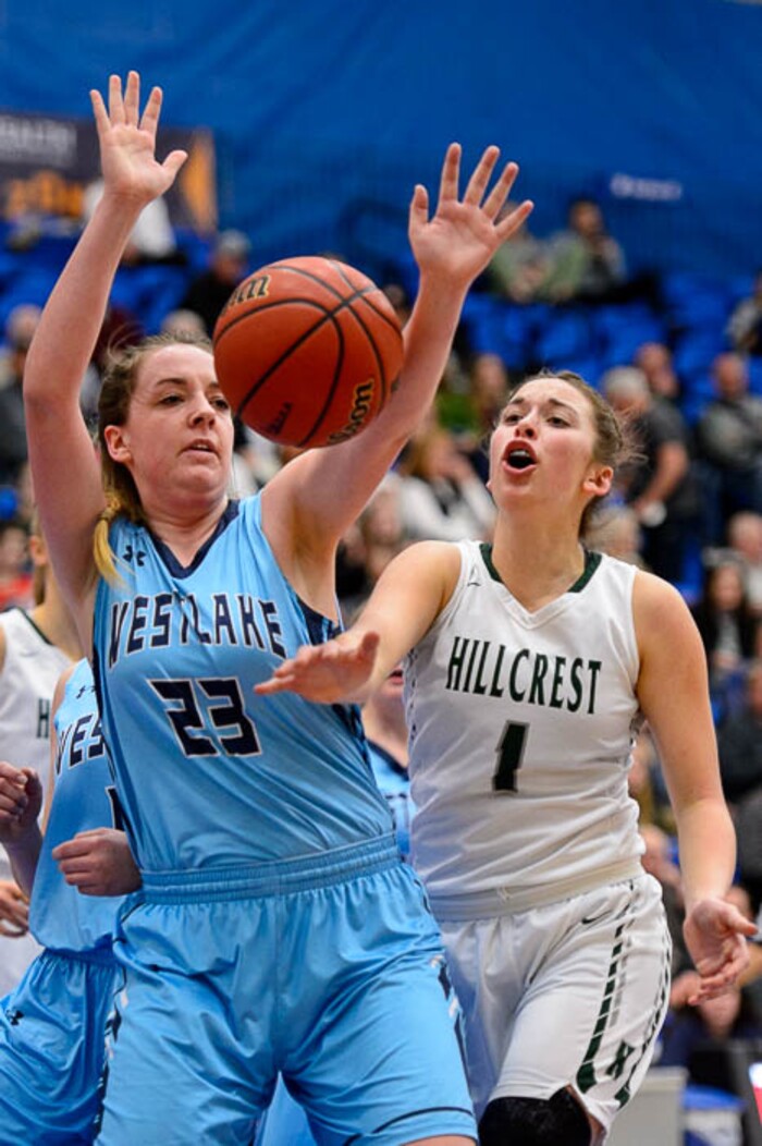 (Trent Nelson | The Salt Lake Tribune)  Hillcrest's Gabrielle Desjardins (1) loses the ball to Westlake's Tatum Peterson (23) as Hillcrest faces Westlake in the 6A High School Girls' Basketball Tournament at SLCC in Taylorsville, Thursday Feb. 22, 2018.