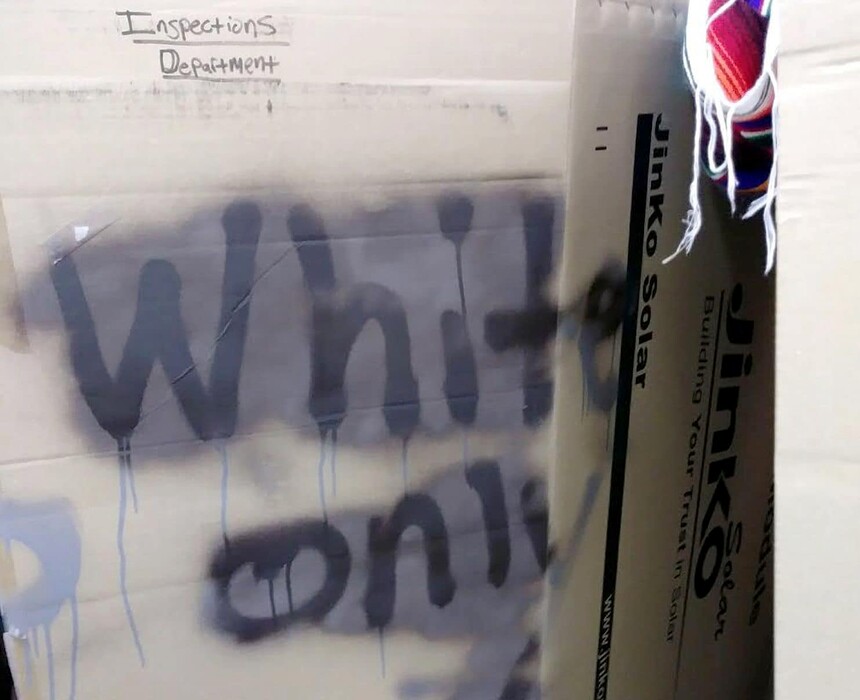 (Photo courtesy of Corey Bennett) A photo provided to The Washington Post by Teshawn Solomon's attorney, Corey Bennett. Solomon recently filed a lawsuit against Utah-based Vivint Solar saying his co-workers at a warehouse in Sacramento called him racial slurs and built a "white only" fort to harass him.