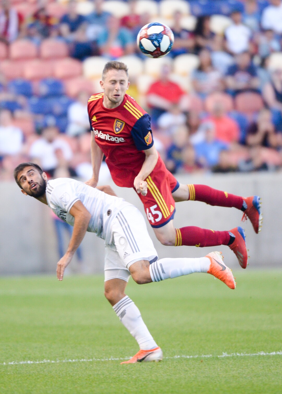 tt(Leah Hogsten  |  The Salt Lake Tribune) Real Salt Lake’s Andrew Brody wins the header over Los Angeles FC forward Diego Rossi (9)as Real Salt Lake hosts Los Angeles Football Club in the fourth round of the Lamar Hunt U.S. Open Cup, June 11, 2019 at Rio Tinto Stadium in Sandy.