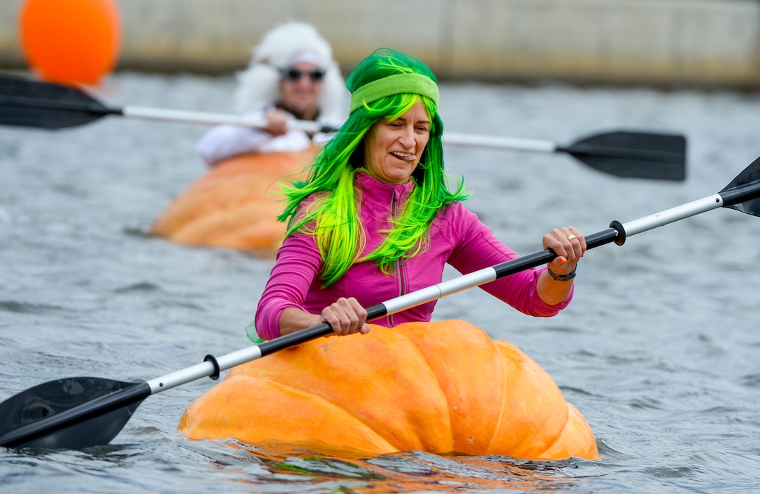 (Leah Hogsten  |  The Salt Lake Tribune) Team Zander competitor Tamara Zander concentrates during a game of  simon says at the annual Giant Pumpkin Regatta, October 19, 2019 on Oquirrh Lake in Daybreak, South Jordan.