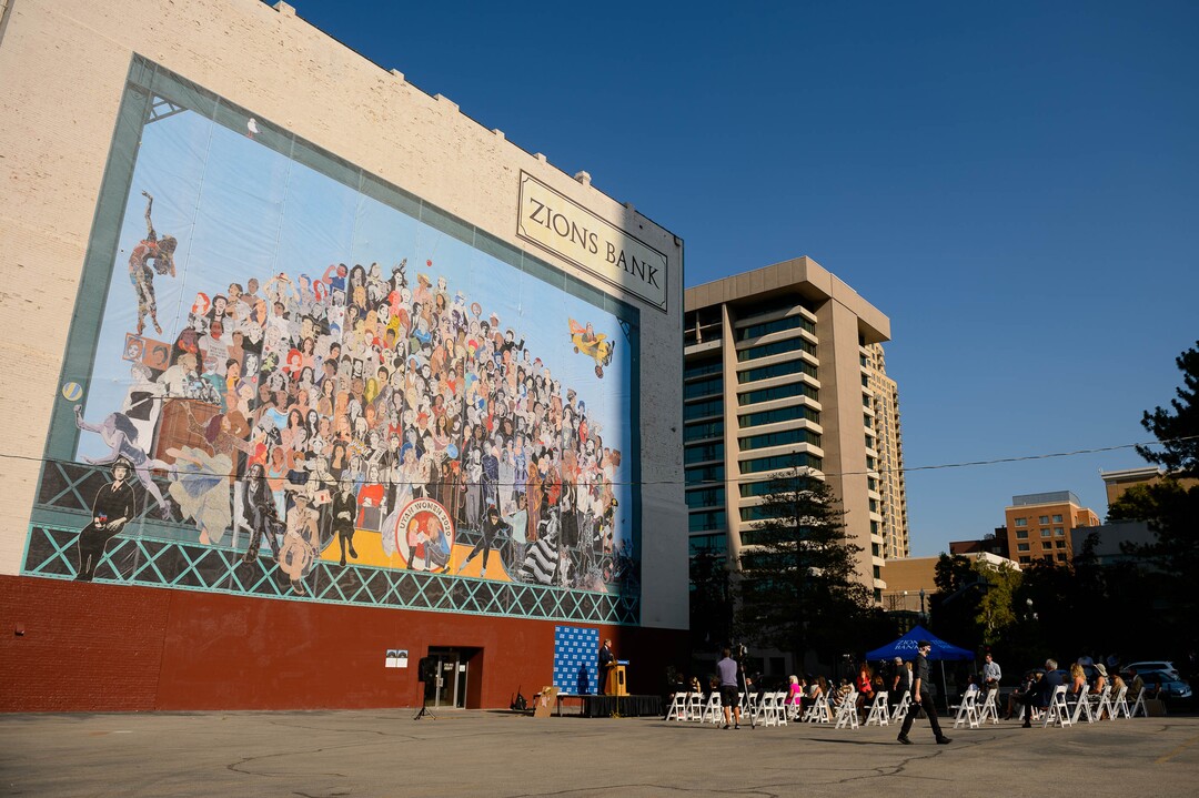 (Trent Nelson  |  The Salt Lake Tribune) The new "Utah Women 2020" mural, featuring more than 200 Utah women from the past and present, was unveiled Wednesday, Aug. 26, 2020, on the Dinwoody Building in Salt Lake City.
