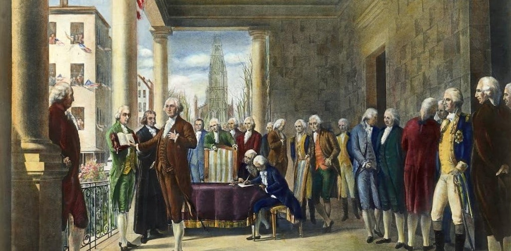(Ramon de Elorriaga | Encyclopedia Britannica via Wikimedia Commons) An oil painting of George Washington taking the oath of office as the first president of the United States on April 30, 1789, in New York City.