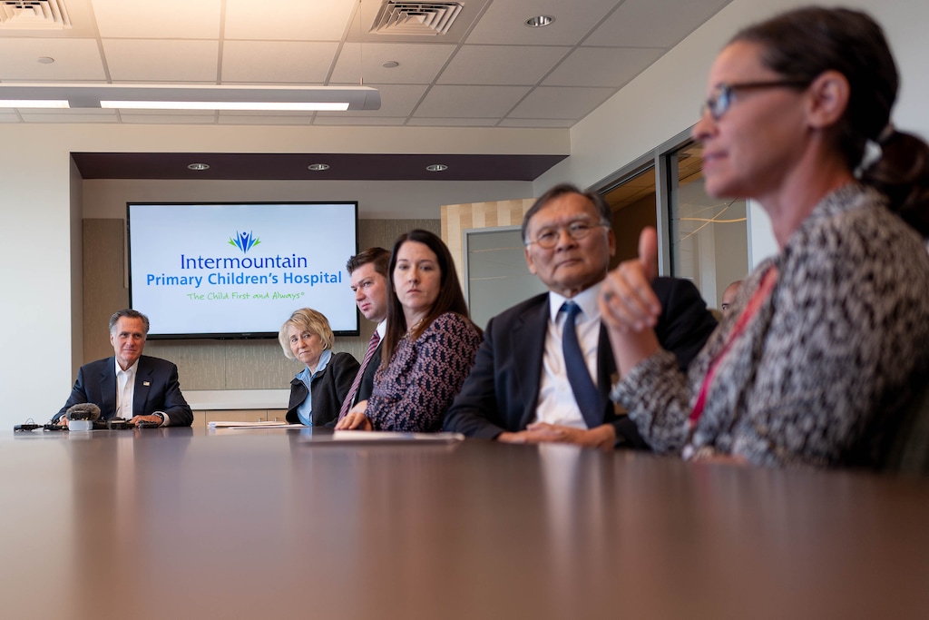 (Trent Nelson | The Salt Lake Tribune)
U.S. Sen. Mitt Romney, R-Utah, hosts a roundtable discussion at Intermountain Primary Children's Hospital with local officials and health experts to receive an update on anti-vaping efforts in Utah, in Salt Lake City on Thursday Oct. 10, 2019.