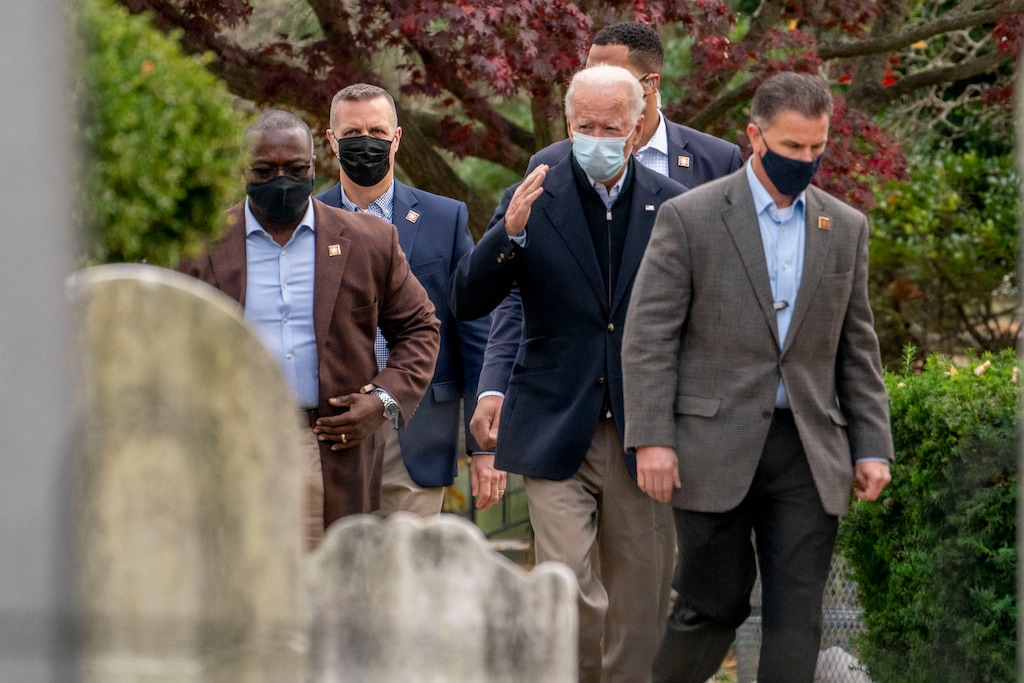 Andrew Harnik | AP) President-elect Joe Biden arrives at St. Joseph On the Brandywine Roman Catholic Church, Sunday, Nov. 15, 2020, in Wilmington, Del.