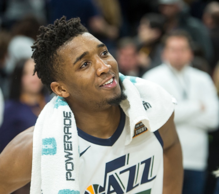 (Rick Egan  |  The Salt Lake Tribune)  Utah Jazz guard Donovan Mitchell (45) smiles as he gives an interview, after Jazz defeated the Spurs 101-99, in NBA action in Salt Lake City, Monday, February 12, 2018.