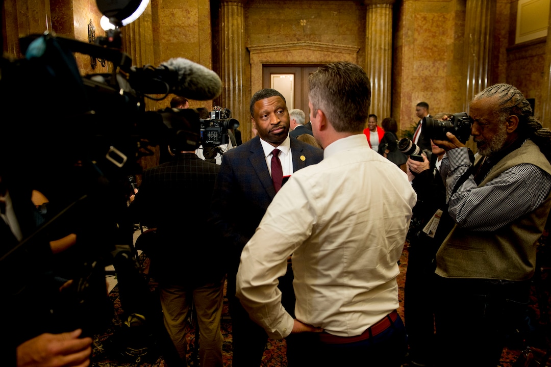 (Jeremy Harmon  |  The Salt Lake Tribune) Derrick Johnson, President and CEO of the NAACP, makes the rounds with various media outlets after speaking at an event on May 17, 2018, where LDS and NAACP leaders emphasized a need for greater civility and called for an end to prejudice.