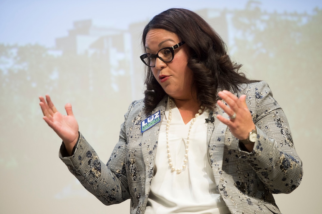 (Jeremy Harmon  |  The Salt Lake Tribune) Salt Lake mayoral candidate Luz Escamilla makes a point during a debate with Erin Mendenhall on Monday, Oct. 14, 2019.