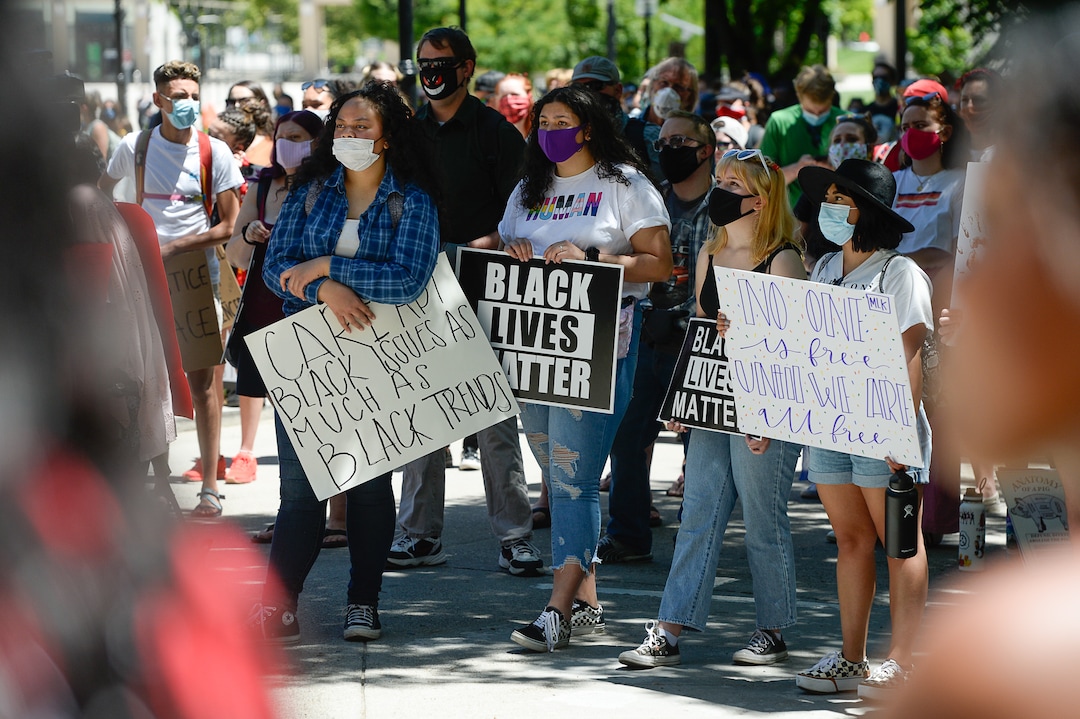 (Francisco Kjolseth  |  The Salt Lake Tribune) Demonstrators march the streets of downtown Salt Lake City for a rally as part of a series of Juneteenth celebrations on Friday, June 19, 2020.