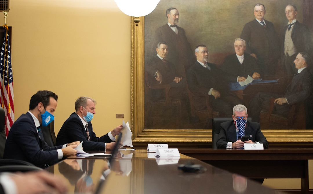 (Francisco Kjolseth  | The Salt Lake Tribune) Utah’s six Republican presidential electors cast their vote for current President Donald Trump at the Utah State Capitol, Monday, Dec. 14, 2020, including from left, Trent Christensen, who ran for Congress in the 4th District, former Rep. Chris Herrod and Jimi Kestin, Washington County GOP Chairman, from left.