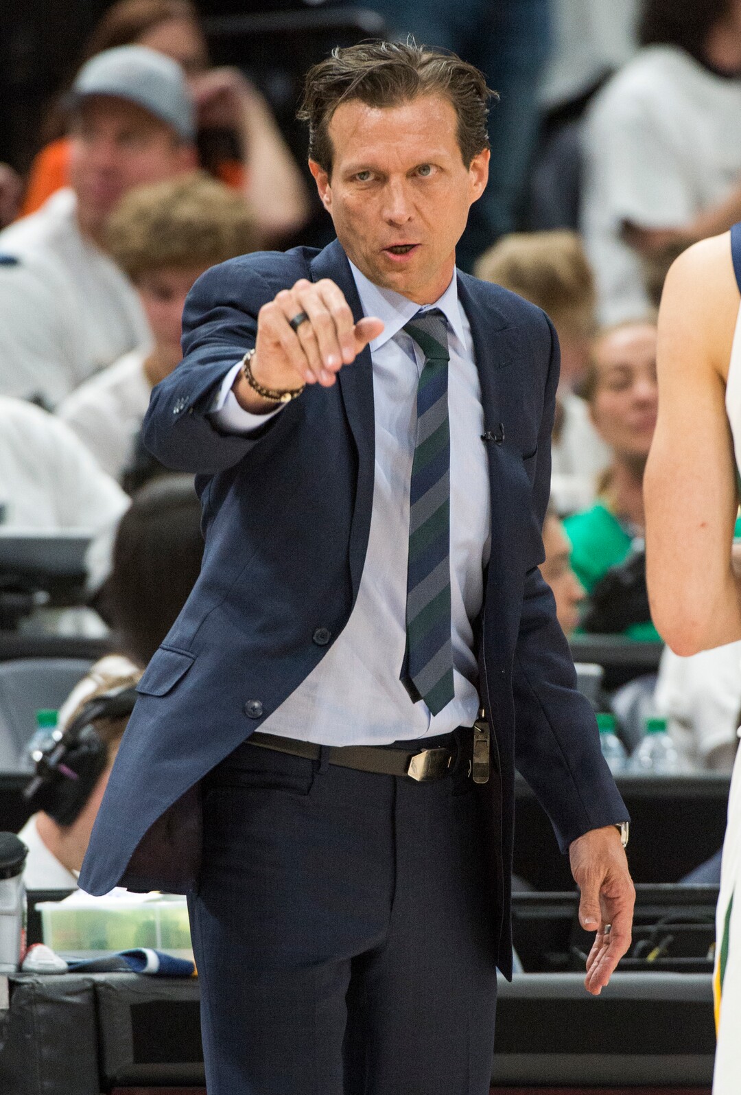 (Rick Egan  |  The Salt Lake Tribune)    Utah Jazz head coach Quin Snyder gives instructions to he is players, in game 4, NBA playoff action between Utah Jazz and Oklahoma City Thunder, in Salt Lake City, Monday April 23, 2018.