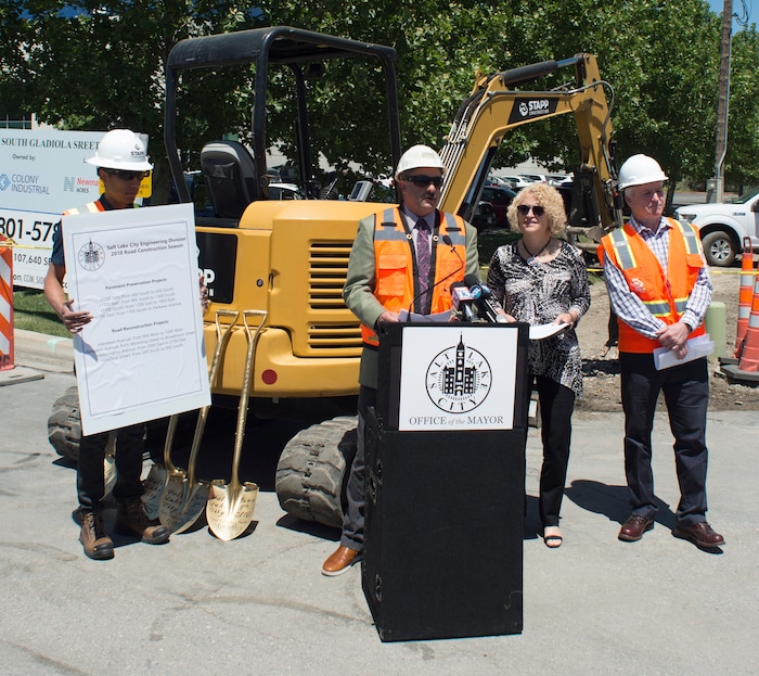 (Rick Egan | The Salt Lake Tribune) Matt Cassel, City Engineer, announces the start of the city’s 2018 road construction season at a new conference at 720 South Gladiola Street. A total of ten projects are scheduled for completion by the City’s Engineering Division through a combined investment of $5 million. Monday, June 11, 2018.