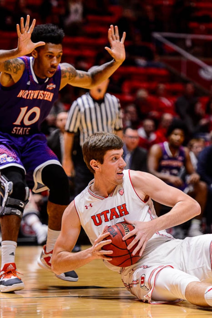 (Trent Nelson | The Salt Lake Tribune)  Utah Utes forward Jakub Jokl (43) with the ball as the University of Utah hosts Northwestern State, NCAA basketball in Salt Lake City, Wednesday December 20, 2017. At left is Northwestern State Demons guard Malik Metoyer (10).
