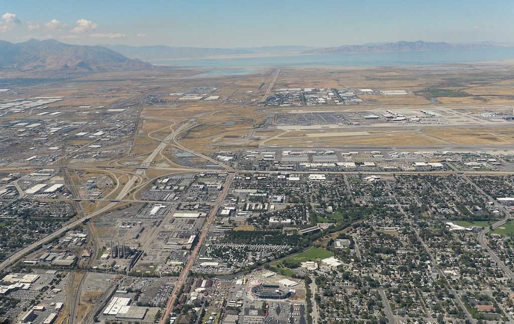 (Francisco Kjolseth  |  The Salt Lake Tribune)  Aerial photos of the Salt Lake Valley including the new prison under construction, inland port area, Kennecott Copper tailings pond, refineries and recent Bountiful fire scar as seen on Sept. 12, 2019. 
