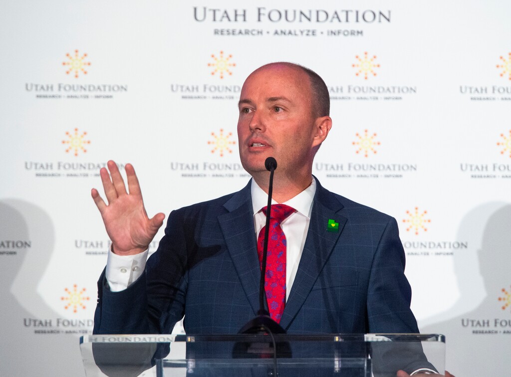 (Rick Egan  |  Tribune file photo)     Gubernatorial candidate Spencer Cox speaks at the Utah Foundation Anniversary Luncheon at the Grand America Hotel, Sept. 17, 2020. In a discussion Wednesday at the Hinckley Institute of Politics, Cox said as lieutenant governor he has no choice but to support Gov. Gary Herbert on his refusal to impose a statewide mask mandate.