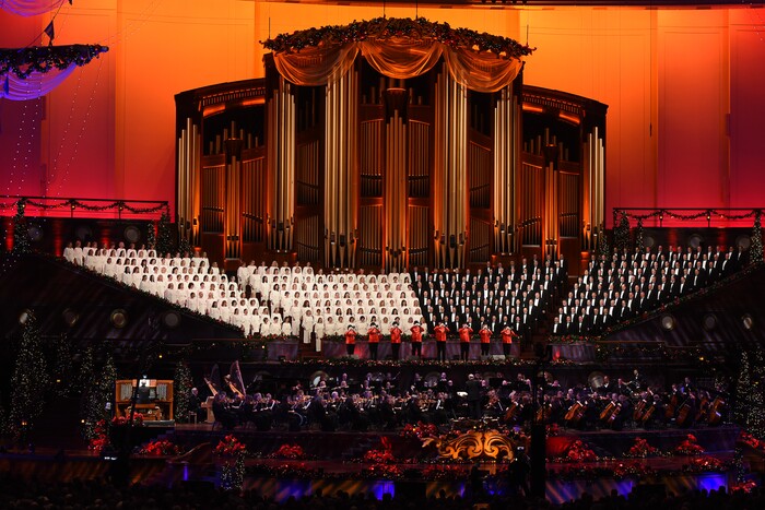 (Francisco Kjolseth  |  The Salt Lake Tribune)  The Mormon Tabernacle Choir Christmas extravaganza kicks off with Broadway star Sutton Foster and "Downton Abbey's" Hugh Bonneville at the Conference Center on Thursday, Dec. 14, 2017.