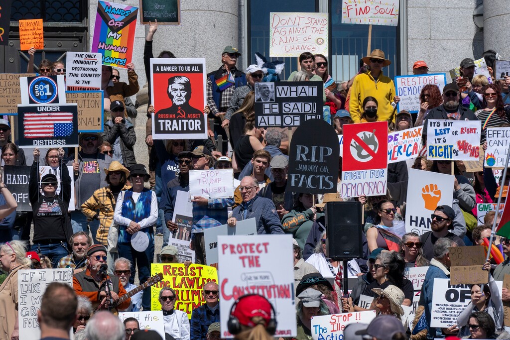 (Rick Egan | The Salt Lake Tribune)  Hundreds of protesters gather at the Capitol for the "Hands Off" National Day of Protest rally on Saturday, April 5, 2025. 