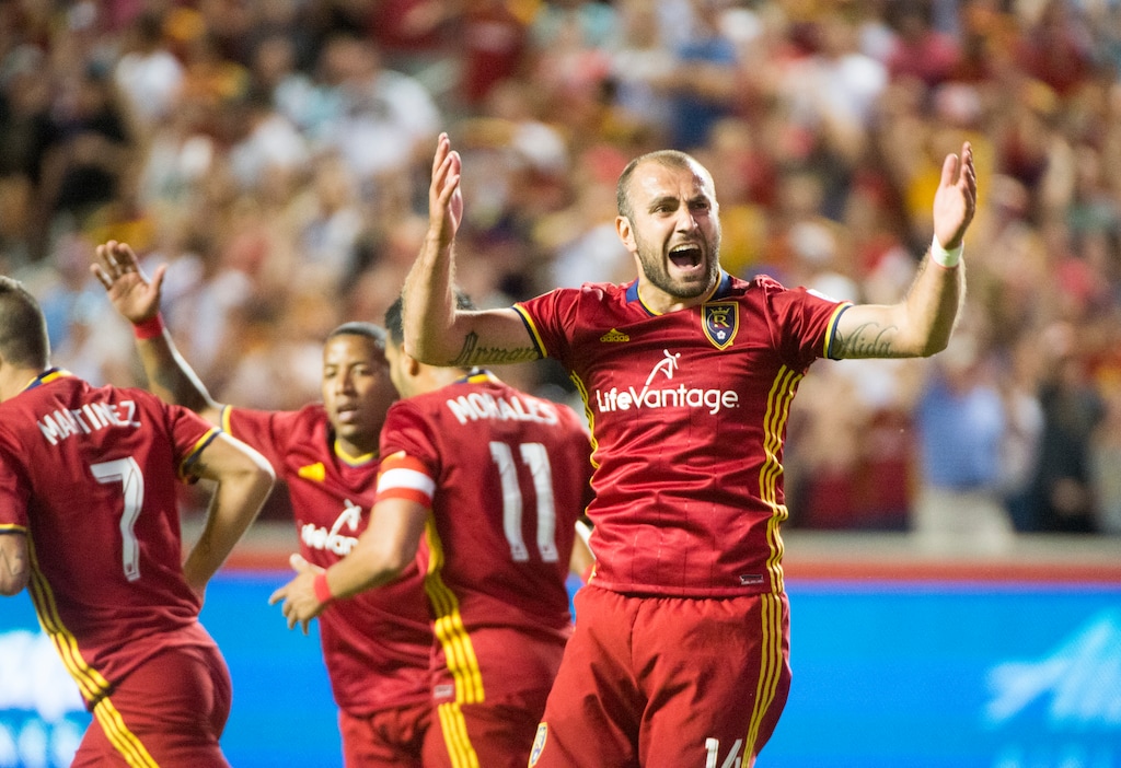 Rick Egan | The Salt Lake Tribune
Real Salt Lake forward Yura Movsisyan (14) celebrates after scoring a goal, in MLS soccer action, Real Salt Lake vs. Portland Timbers, in Sandy, Friday, June 18, 2016.