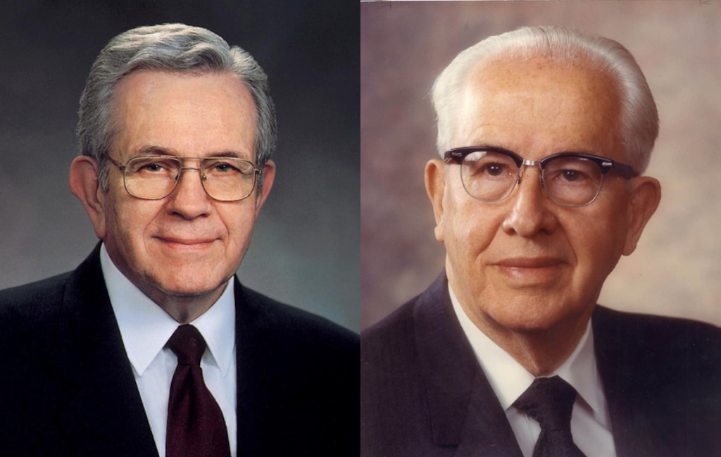 (The Church of Jesus Christ of Latter-day Saints) Former apostle Boyd K. Packer, left, and former Latter-day Saint President Ezra Taft Benson are frequently invoked in online conversations by members of the DezNat movement. The group has also been known to defend Brigham Young's controversial history around race and gender.