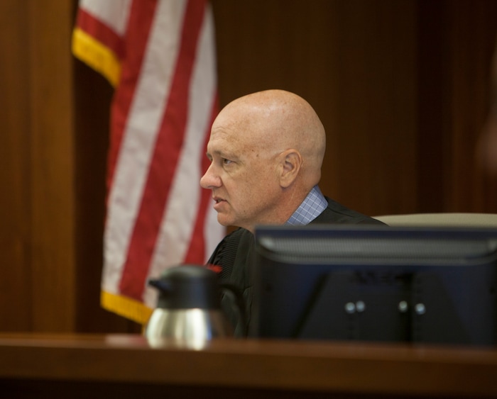 (Chris Caldwell  |  Pool Photo)  Judge Paul Dame during the detention hearing and initial appearance for the 16-year-old boy accused of bringing a bomb to Pine View High School Wednesday, March 28, 2018.