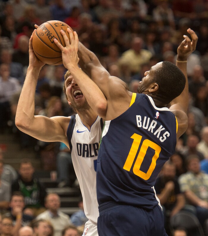 (Rick Egan  |  The Salt Lake Tribune) Utah Jazz guard Alec Burks (10) is called for a foul, as he keeps Dallas Mavericks forward Dirk Nowitzki (41) from scoring, in NBA action Utah Jazz vs. Dallas Mavericks, in Salt Lake City, Monday, October 30, 2017.