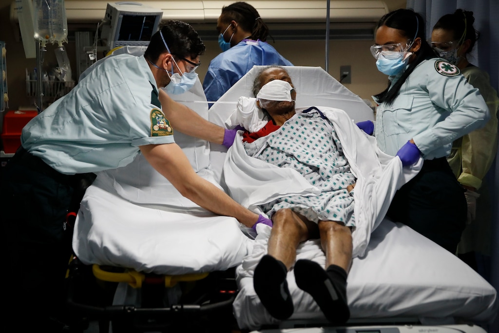 (AP Photo/John Minchillo, File)
In this April 20 photo, emergency medical technicians transport a patient from a nursing home to an emergency room bed at St. Joseph's Hospital in Yonkers, N.Y. Nursing home residents account for nearly 1 in 10 of all the coronavirus cases in the United States and more than a quarter of the deaths, according to an Associated Press analysis of government data released Thursday, June 18.