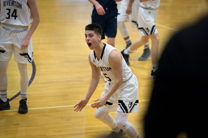 Scott Sommerdorf | The Salt Lake TribuneRiverton's Dylan Sanchez is astonished by the ball being awarded to Copper Hills late in the second half. Copper Hills defeated Riverton 54-50, Friday, February, 2, 2018. 