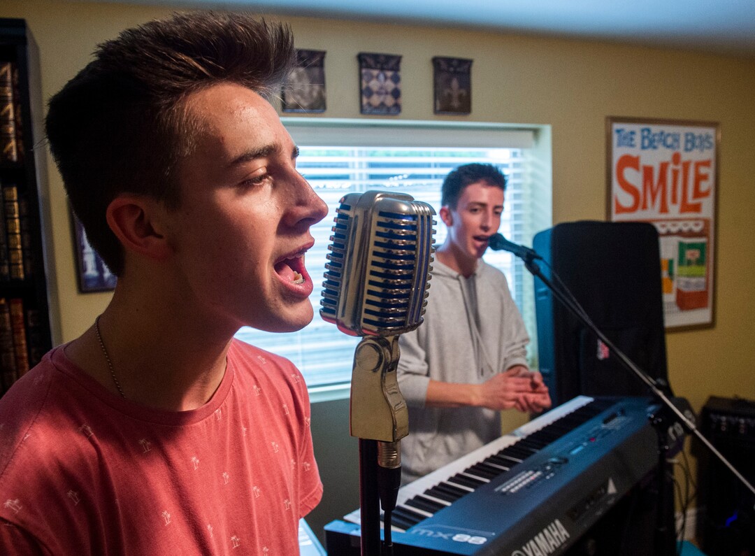 (Rick Egan  |  The Salt Lake Tribune) Woods Cross students Zach Leger and Adam Leger rehearse with members of The Rockees, a rock band that won this year's Utah PTA "Battle of the Bands" competition. Thursday, May 23, 2019.
