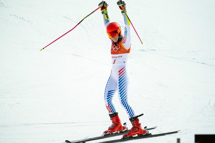 (Chris Detrick  |  The Salt Lake Tribune)  USA's Mikaela Shiffrin reacts after competing in the Ladies' Giant Slalom at Yongpyong Alpine Centre during the Pyeongchang 2018 Winter Olympics Thursday, Feb. 15, 2018.  Shiffrin won the event with a time of 2:20.02.