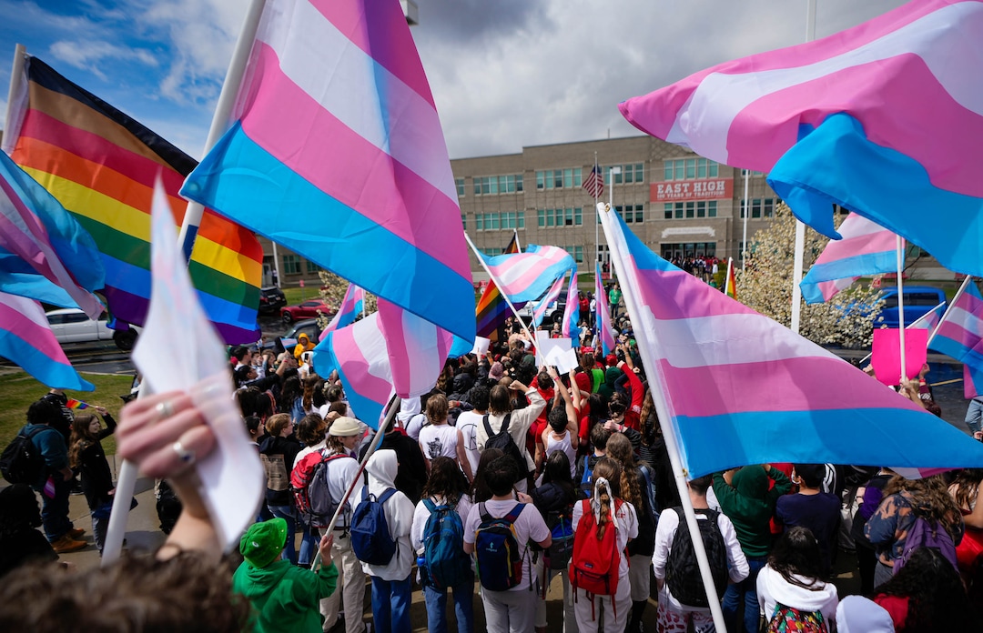 (Francisco Kjolseth | The Salt Lake Tribune) East High school students organize a walkout on Friday, April 15, 2022, to protest HB11, which bans transgender girls from participating in female school sports. In the same spirit of the West High walkout last week, students took a stand to speak out against the bill which they found discriminatory and hurtful to transgender youth in the state.