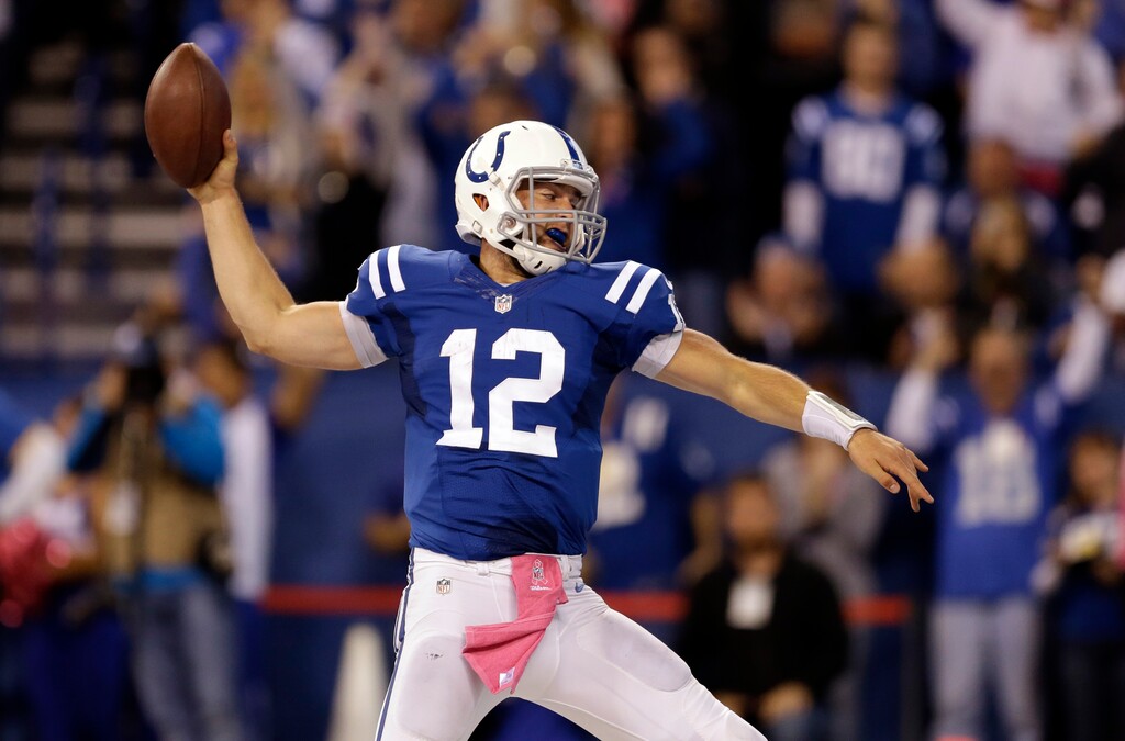 Indianapolis Colts quarterback Andrew Luck celebrates a touchdown against the Baltimore Ravens during the second half of an NFL football game in Indianapolis, Sunday, Oct. 5, 2014. (AP Photo/Jeff Roberson)
