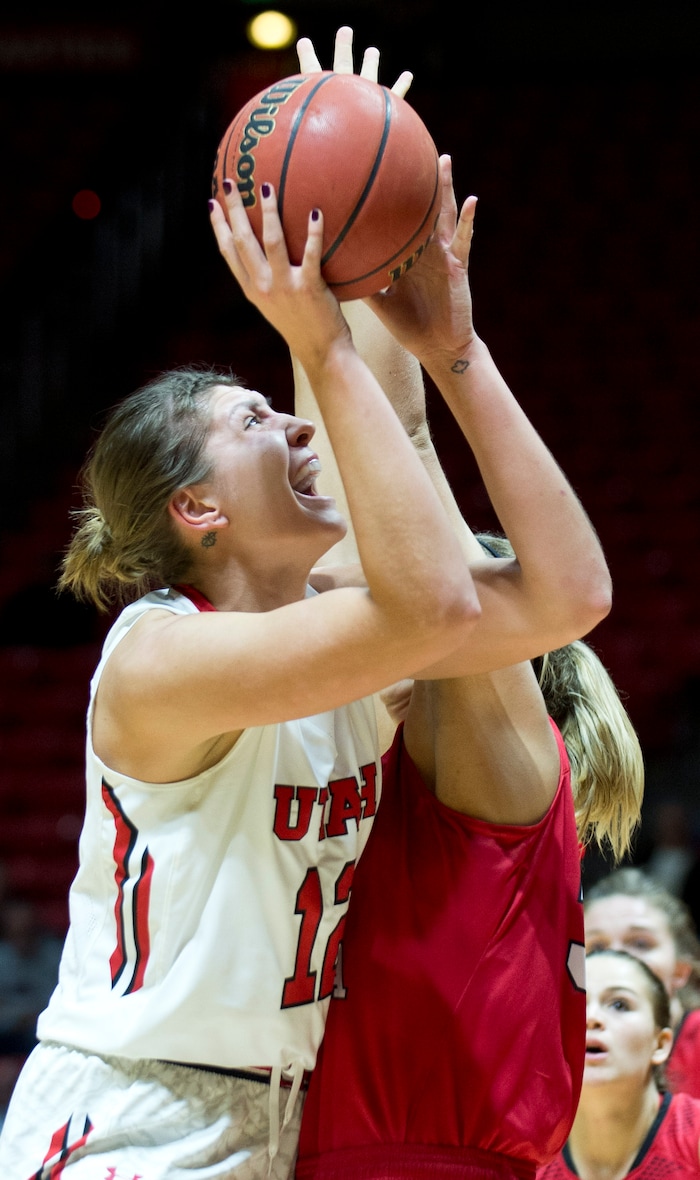 Lennie Mahler  |  The Salt Lake Tribune

Utah's Emily Potter puts up a shot in a game against South Dakota at the Huntsman Center in Salt Lake City, Friday, Nov. 13, 2015.
